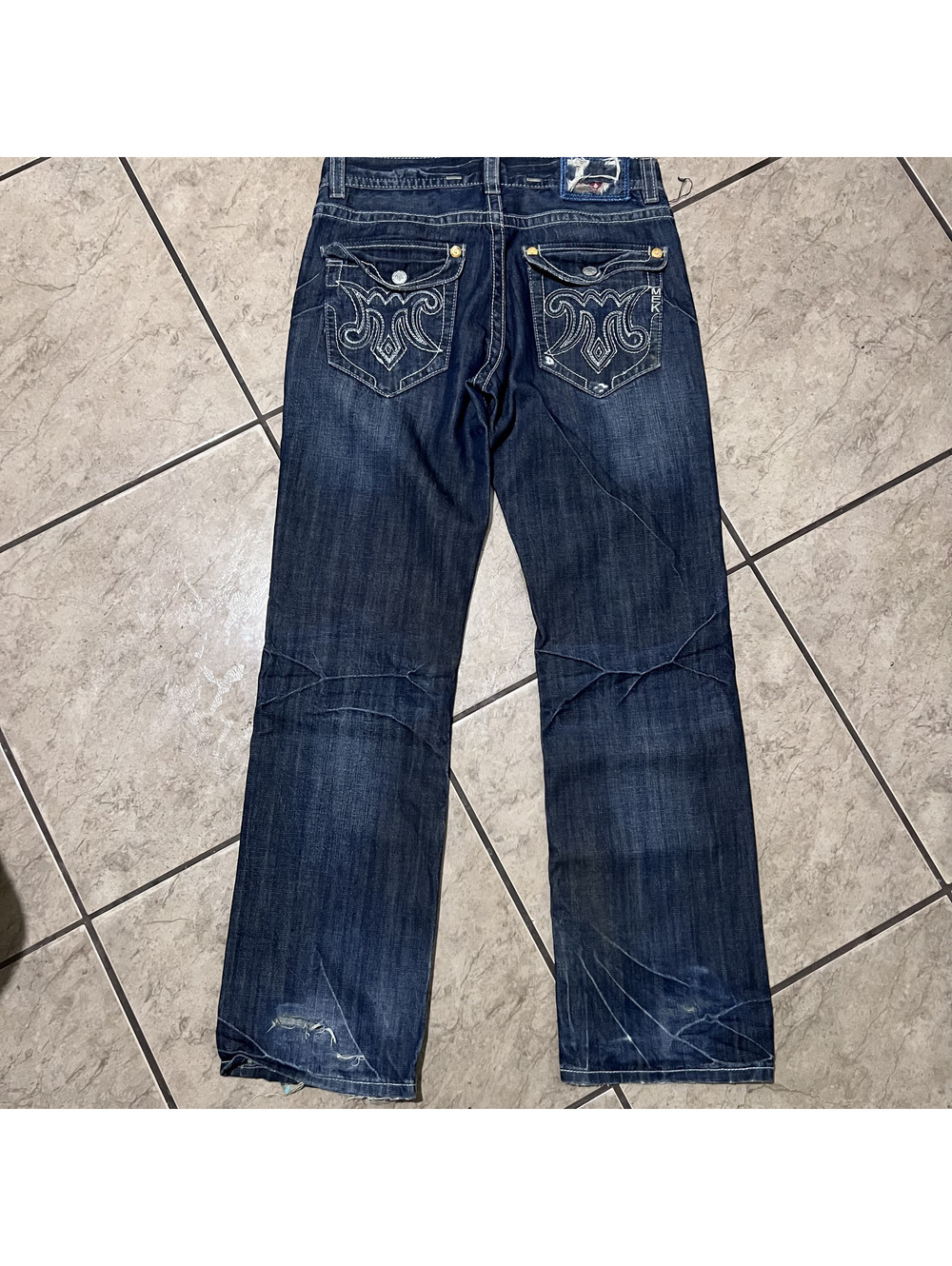 Y2k MEK Denim Embroidered Flap Pockets Distressed Grunge Bologna 34x33 Western